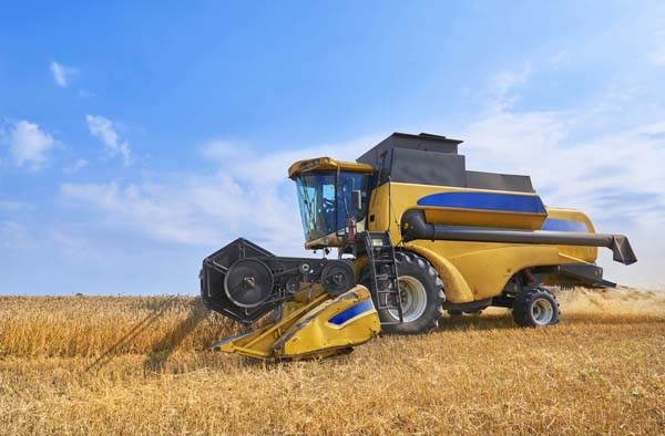 Yellow combine harvester in Russian wheatfield
